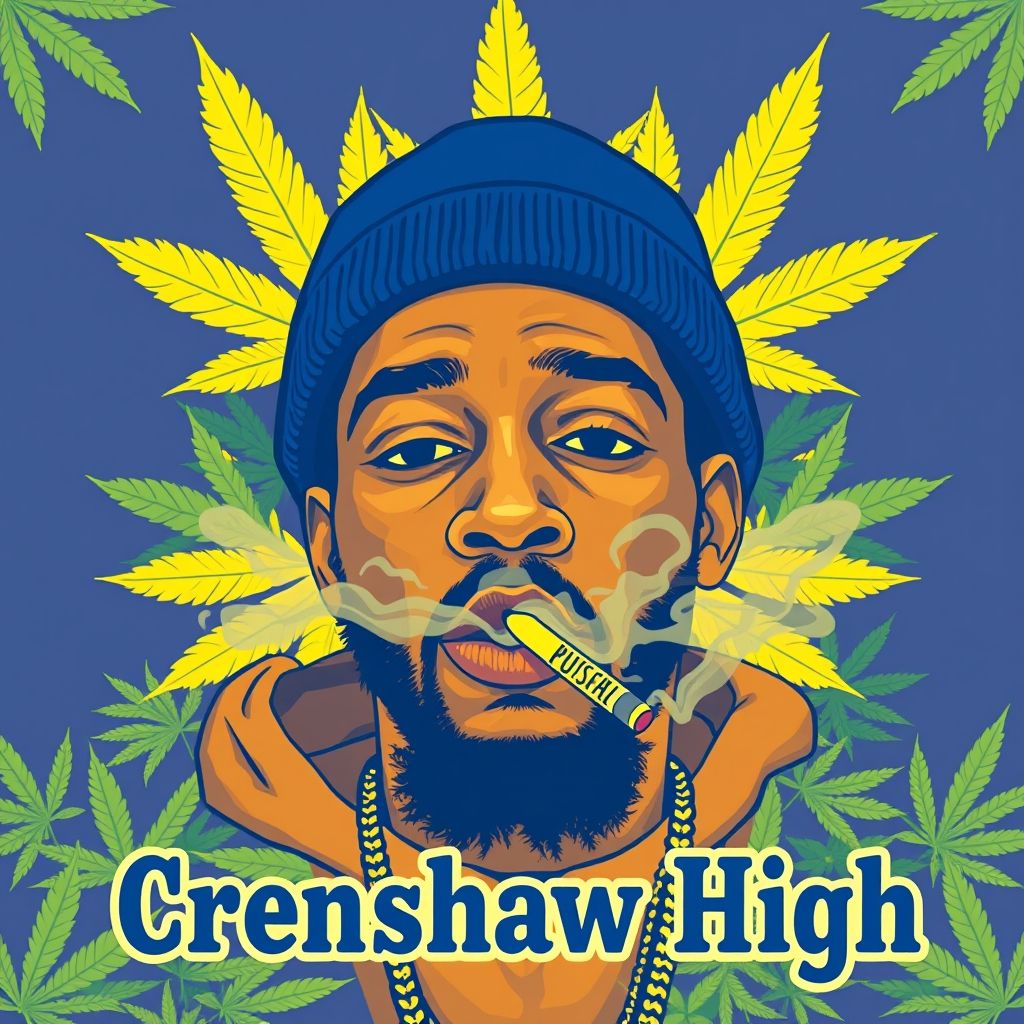 {"prompt":"Can you create a lookalike image of Nipsey Hussle and looks like the rapper and have the image be smoking a marijuana joint in blue and yellow and have marijuana leafs all around and have the font "Crenshaw High" in Blue font below the image","originalPrompt":"Can you create a lookalike image of Nipsey Hussle and looks like the rapper and have the image be smoking a marijuana joint in blue and yellow and have marijuana leafs all around and have the font "Crenshaw High" in Blue font below the image","width":1024,"height":1024,"seed":42,"model":"flux","enhance":false,"nologo":true,"negative_prompt":"worst quality, blurry","nofeed":false,"safe":false,"isMature":false,"isChild":false}