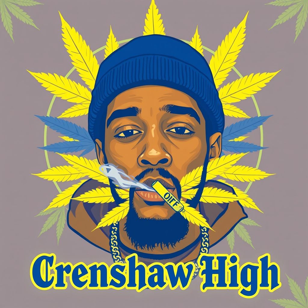{"prompt":"Can you create a lookalike image of Nipsey Hussle and looks like the rapper and have the image be smoking a marijuana joint in blue and yellow and have marijuana leafs all around and have the font "Crenshaw High" in Blue font below the image and spelled correct as Crenshaw High","originalPrompt":"Can you create a lookalike image of Nipsey Hussle and looks like the rapper and have the image be smoking a marijuana joint in blue and yellow and have marijuana leafs all around and have the font "Crenshaw High" in Blue font below the image and spelled correct as Crenshaw High","width":1024,"height":1024,"seed":42,"model":"flux","enhance":false,"nologo":true,"negative_prompt":"worst quality, blurry","nofeed":false,"safe":false,"isMature":false,"isChild":false}